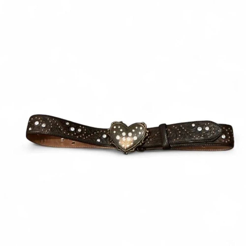 Justin Boots Heart Buckle Leather Belt Size 32 Brown C20508 Good Tooled Crystal